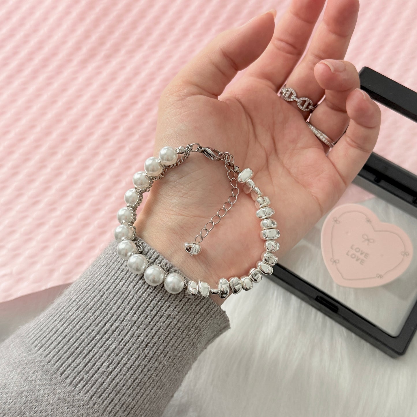 Heavily Silver-Plated Pearl Hematite Bracelet