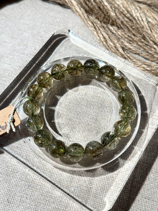 Tourmalinated Green Rutilated Quartz 11.9mm Beaded Bracelet