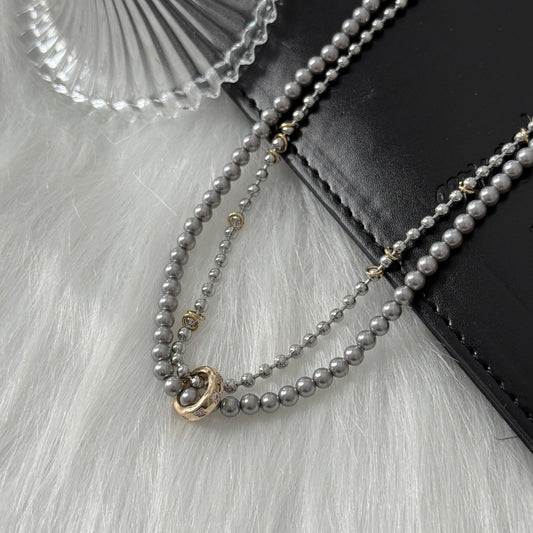 Rhodium Plated Grey Pearl with Zirconia Double-Loop Necklace