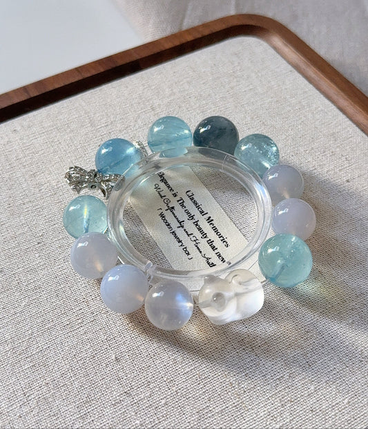 Meowy Aquamarine Moonstone with Blue Rutile Quartz Design Beaded Bracelet