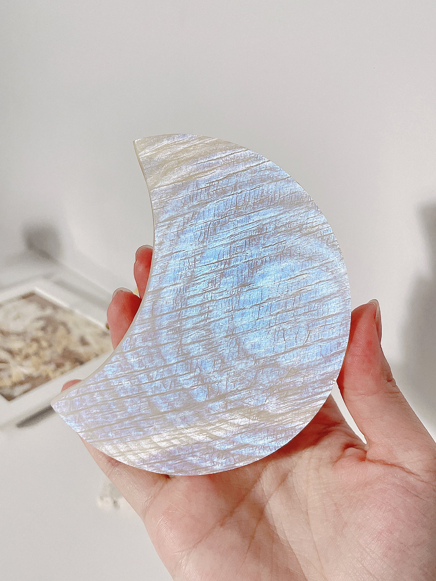 Belomorite Moonstone Moon Shape Carving with Stand