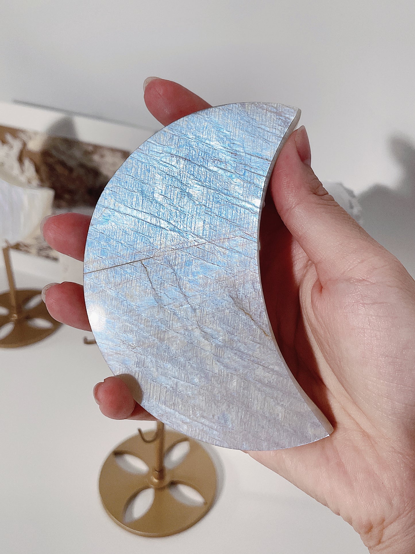 Belomorite Moonstone Moon Shape Carving with Stand