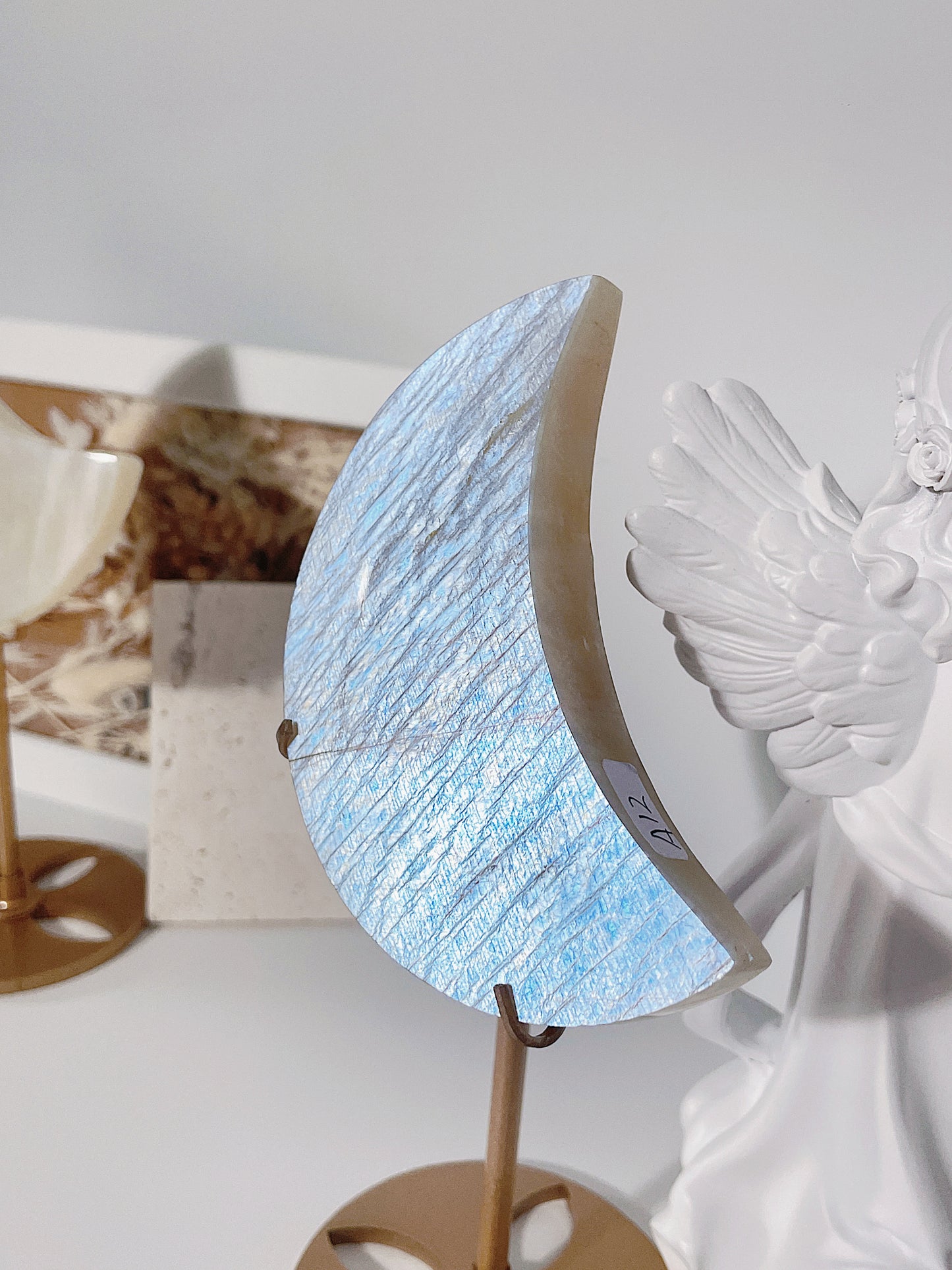 Belomorite Moonstone Moon Shape Carving with Stand