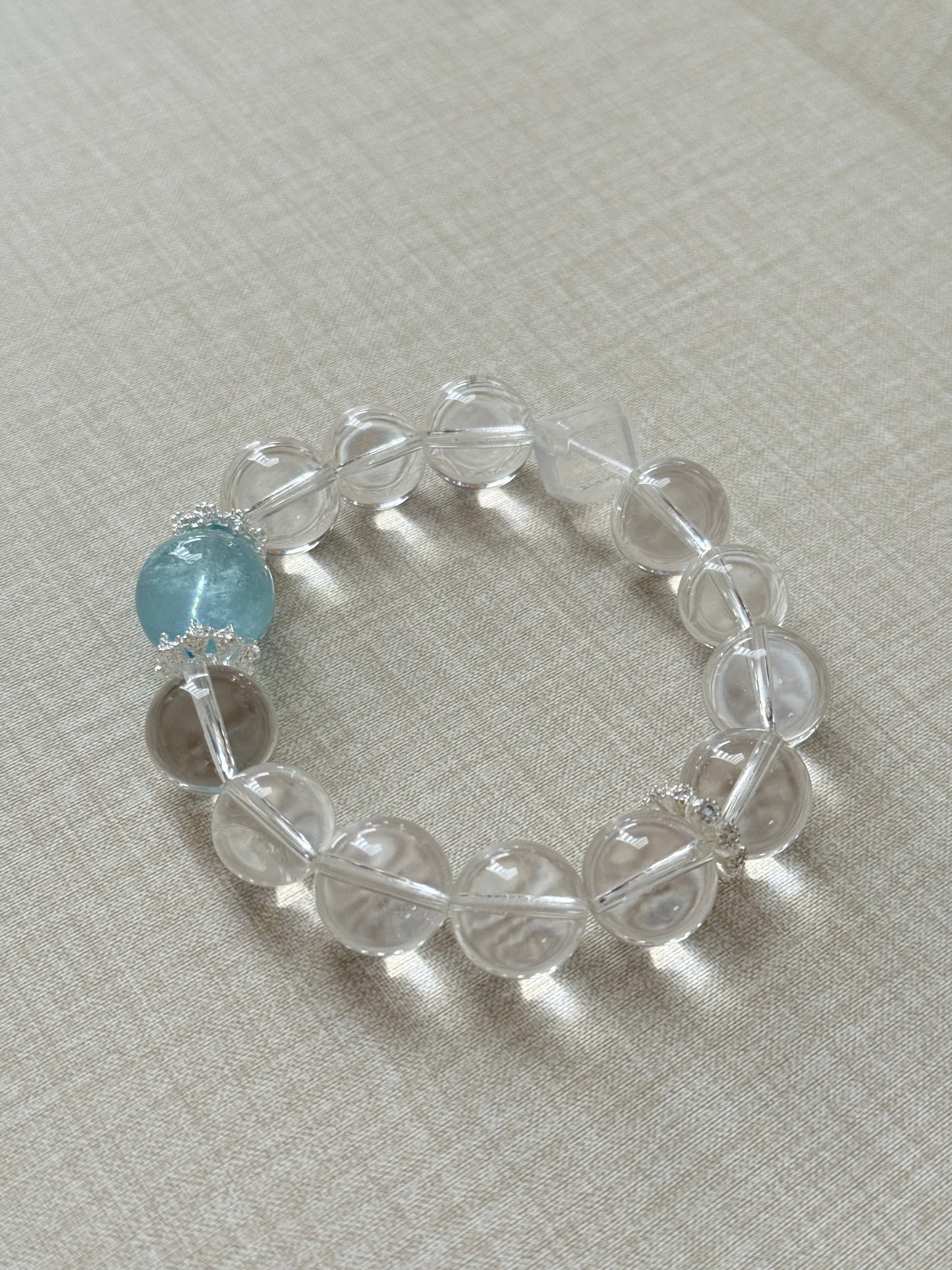 Aquamarine Clear Quartz 13mm Designed Beaded Bracelet