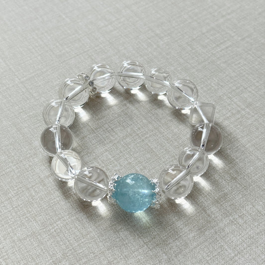Aquamarine Clear Quartz 13mm Designed Beaded Bracelet