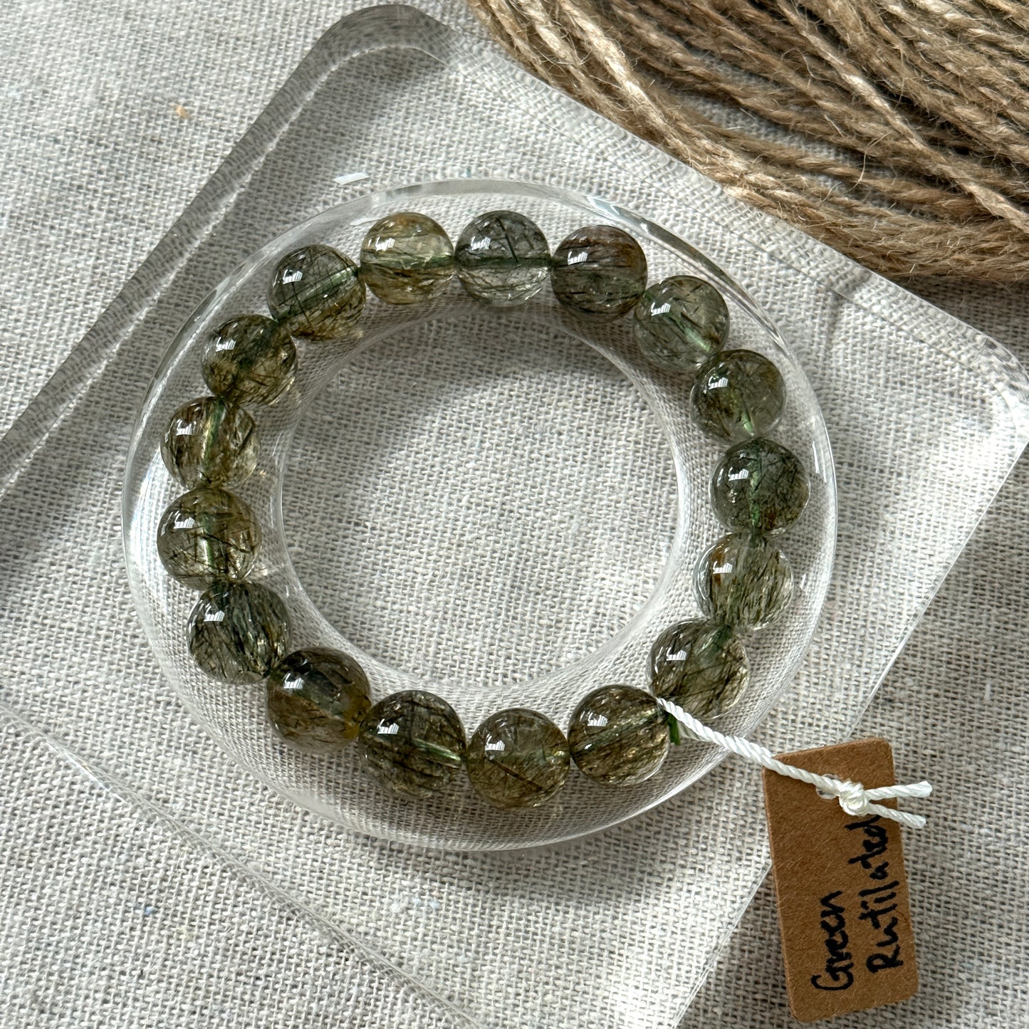 Tourmalinated Green Rutilated Quartz 11.9mm Beaded Bracelet