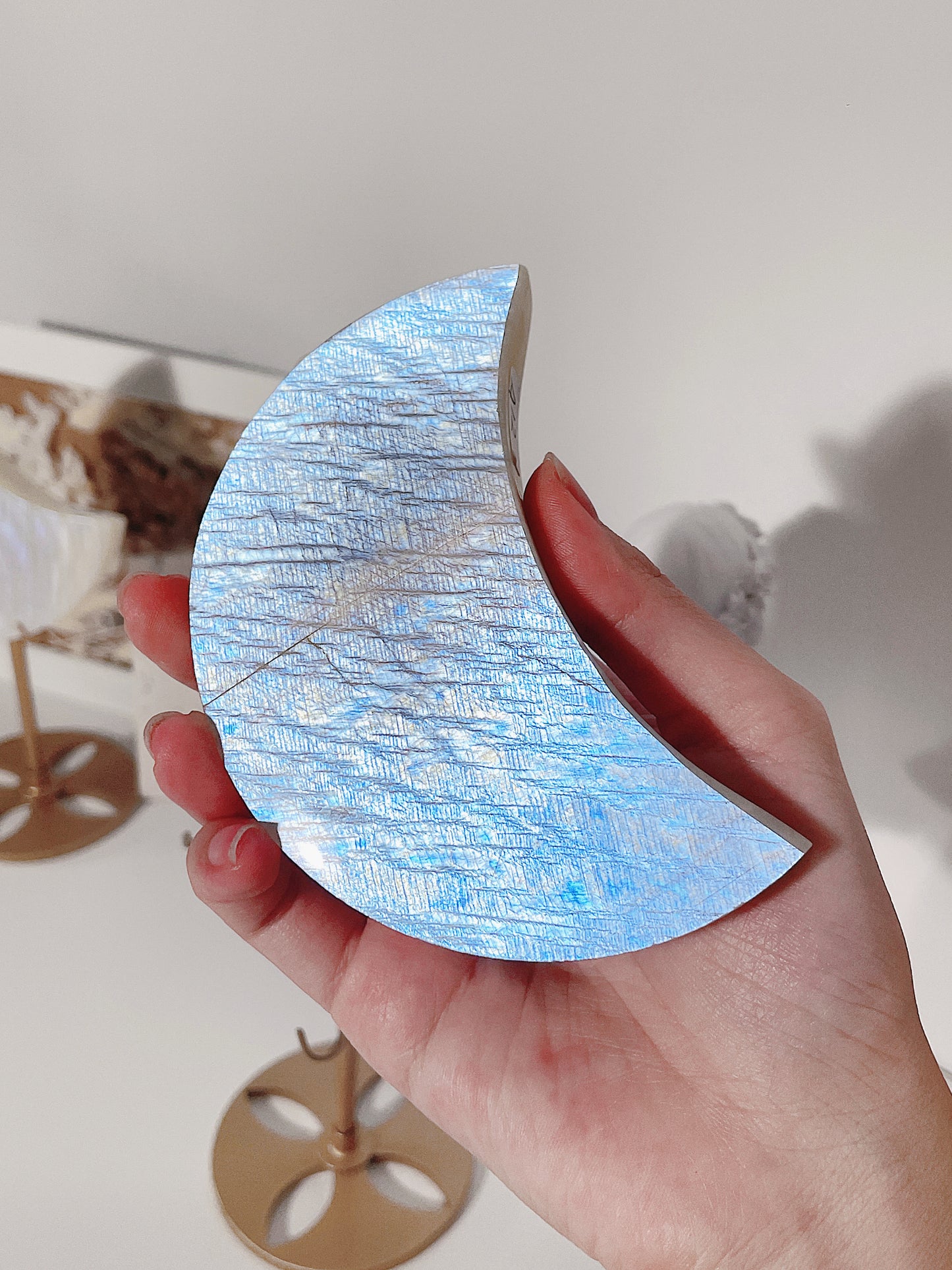 Belomorite Moonstone Moon Shape Carving with Stand