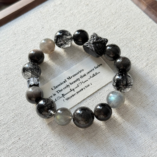 Dark Night Design Hypersthene Lion with Black Rutile Obsidian Beaded Bracelet