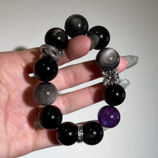 Silver Obsidian Amethyst Beaded Bracelet