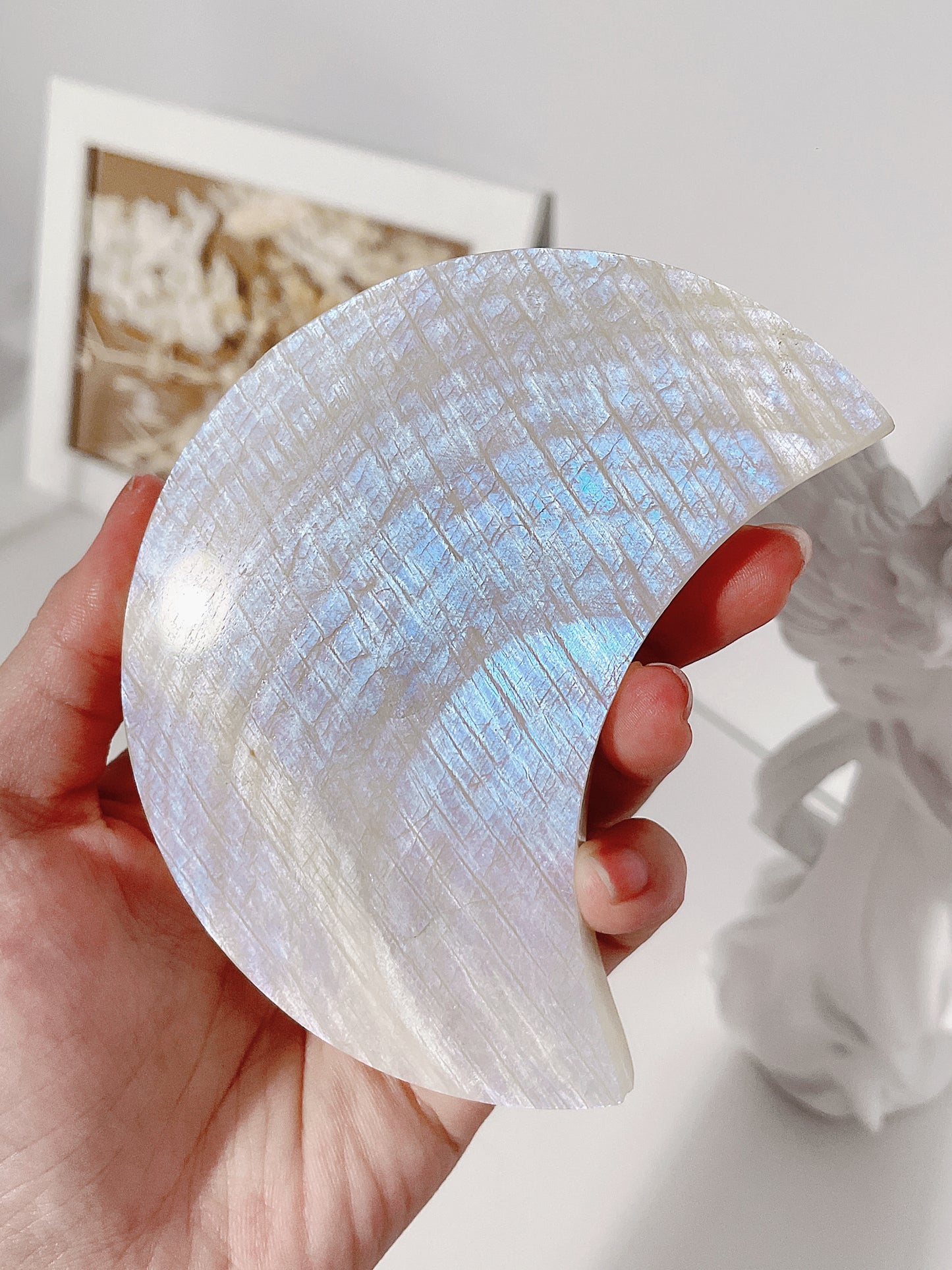 Belomorite Moonstone Moon Shape Carving with Stand