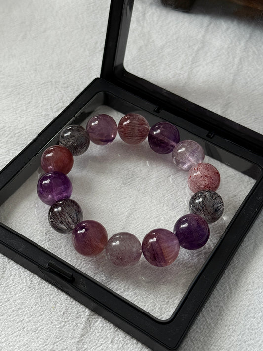 Ultra High Quality Natural Super Seven Quartz 15.6mm Beaded Bracelet