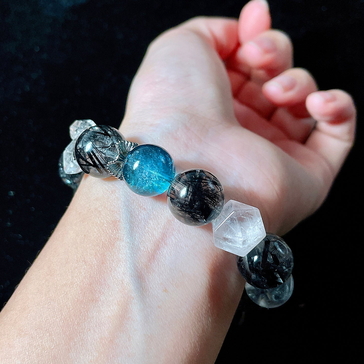 Black Rutile | Aquamarine | Pink Snowflake Phantom Bead Bracelet