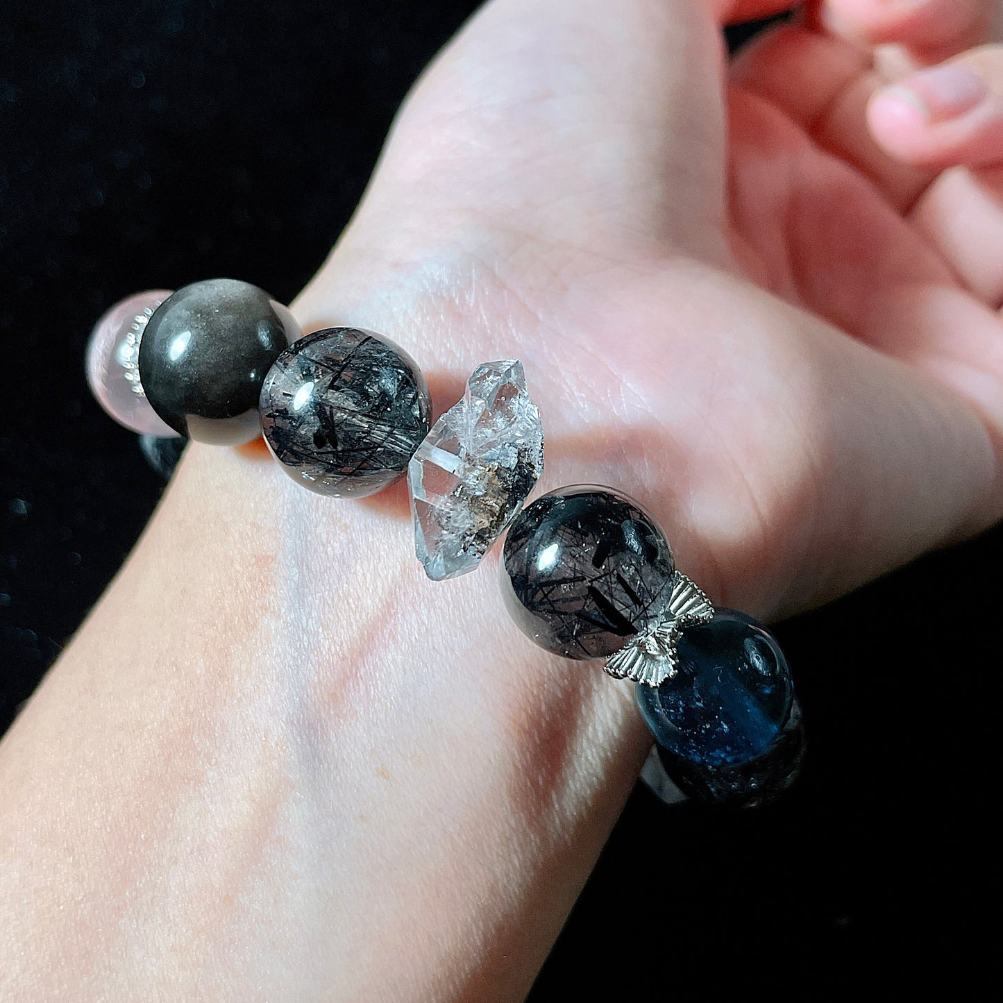 Black Rutile | Aquamarine | Pink Snowflake Phantom Bead Bracelet