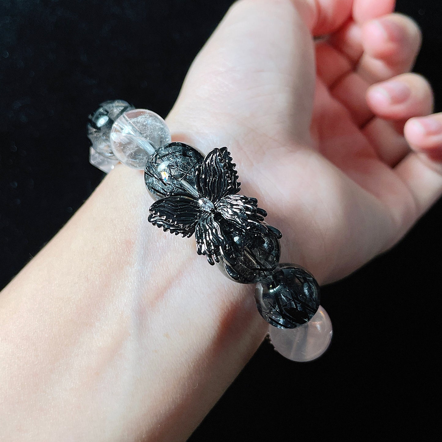 Black Rutile | Aquamarine | Pink Snowflake Phantom Bead Bracelet