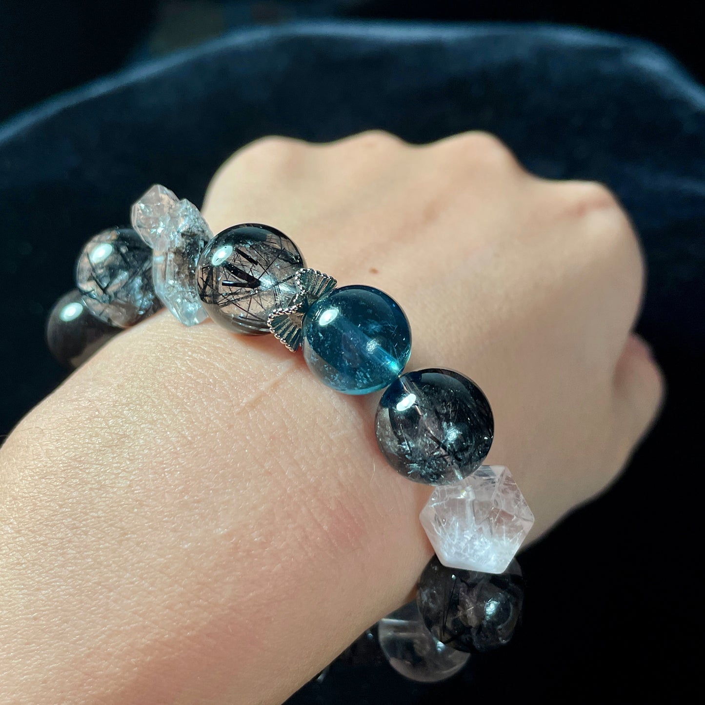 Black Rutile | Aquamarine | Pink Snowflake Phantom Bead Bracelet