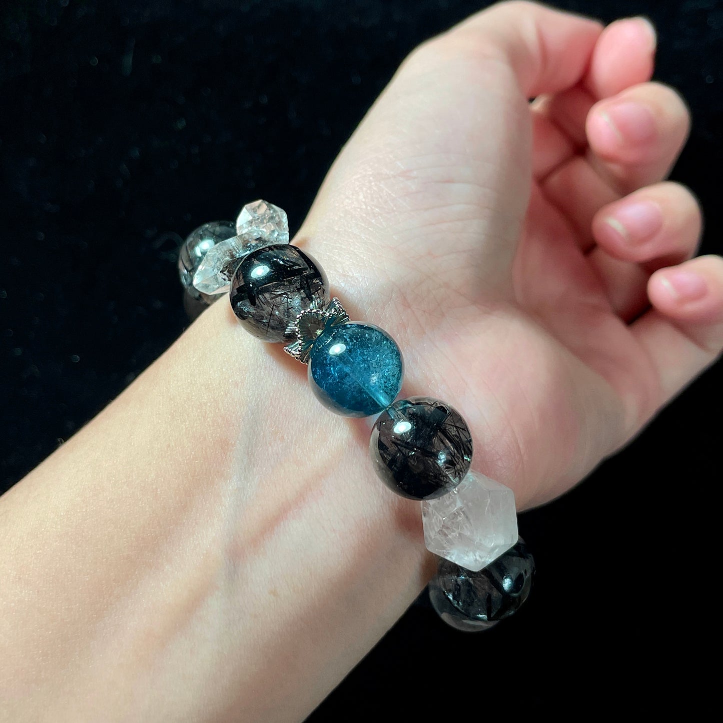 Black Rutile | Aquamarine | Pink Snowflake Phantom Bead Bracelet