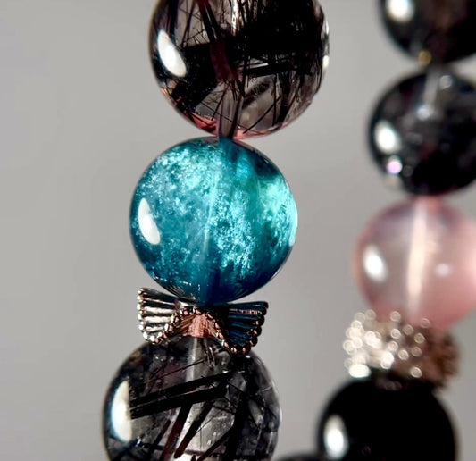 Black Rutile | Aquamarine | Pink Snowflake Phantom Bead Bracelet