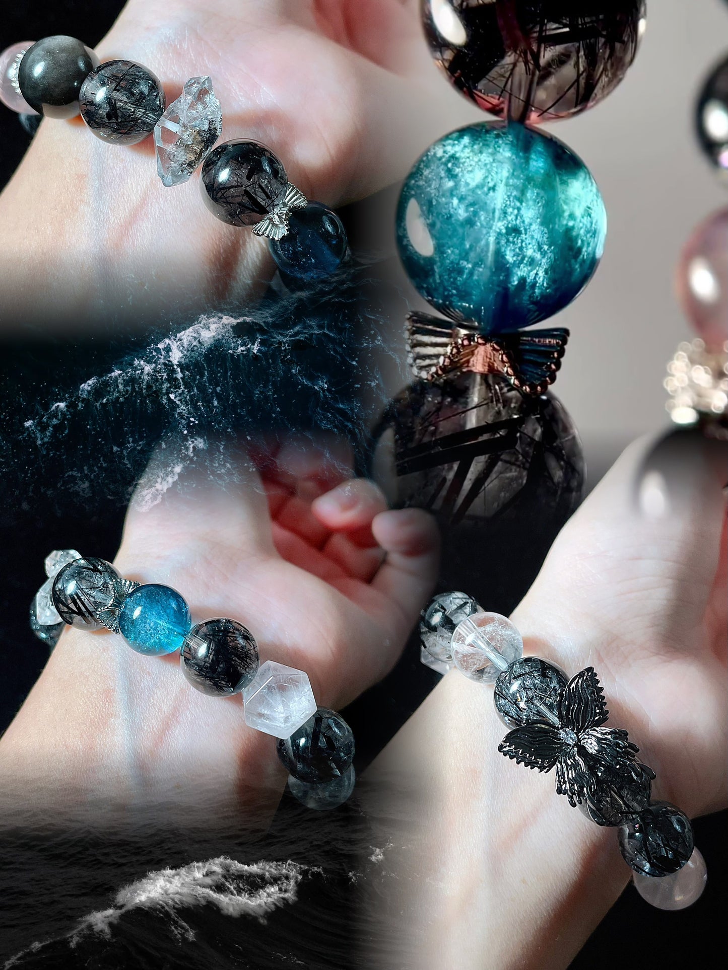 Black Rutile | Aquamarine | Pink Snowflake Phantom Bead Bracelet