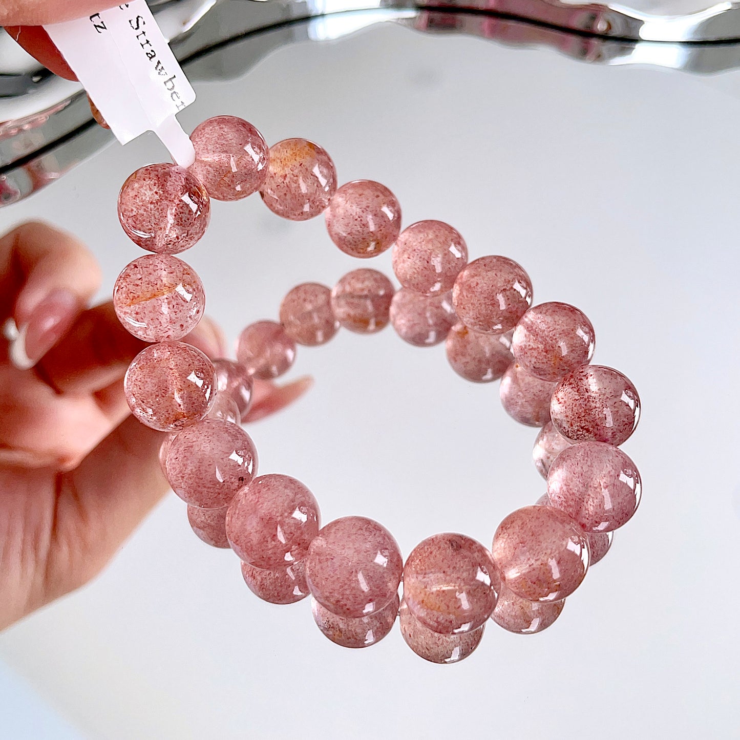 White Base Strawberry Quartz Beaded Bracelet