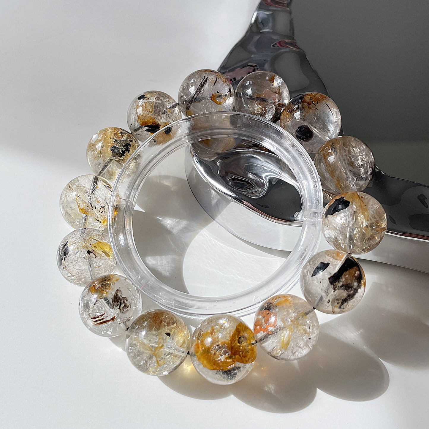 Black & Yellow Skeleton Herkimer Diamond Beaded Bracelet 黑金骸骨閃靈