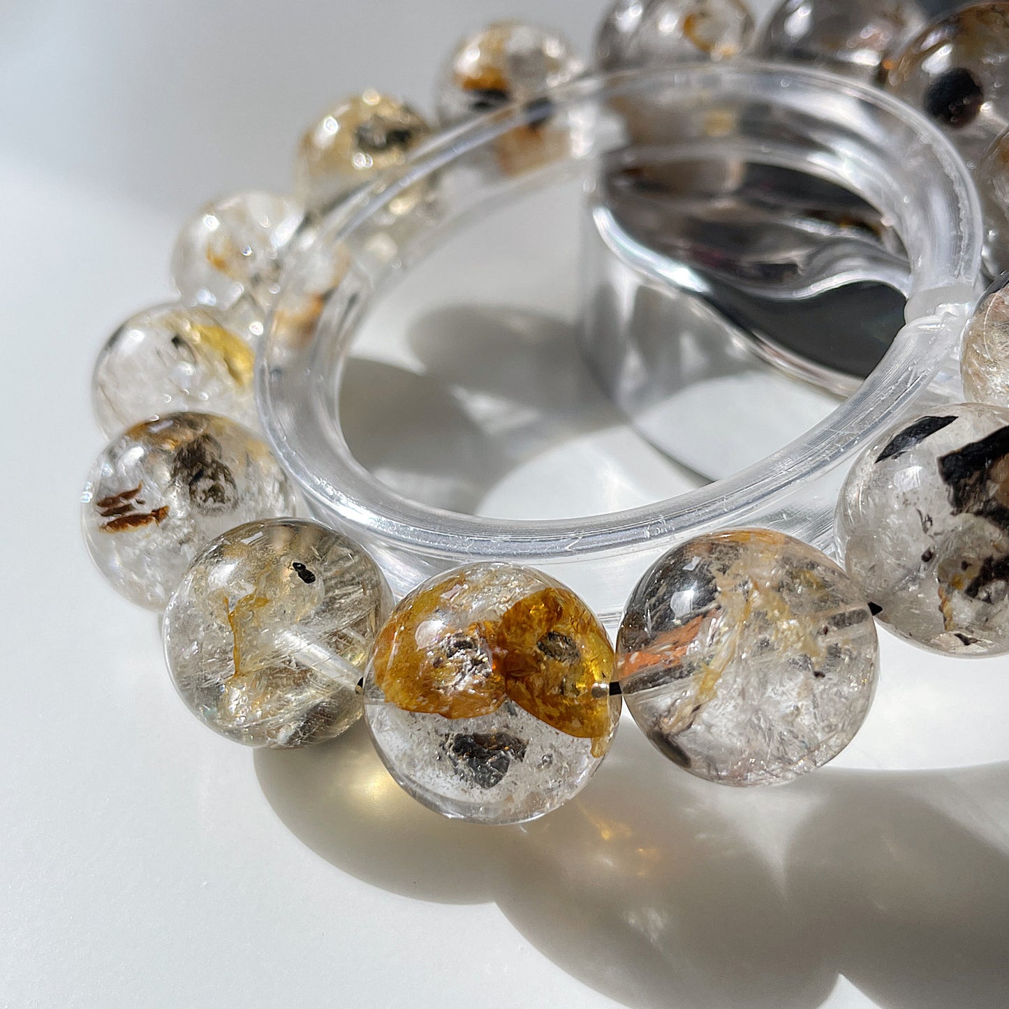 Black & Yellow Skeleton Herkimer Diamond Beaded Bracelet 黑金骸骨閃靈