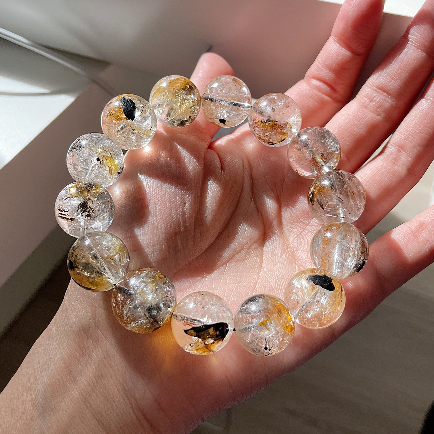 Black & Yellow Skeleton Herkimer Diamond Beaded Bracelet 黑金骸骨閃靈