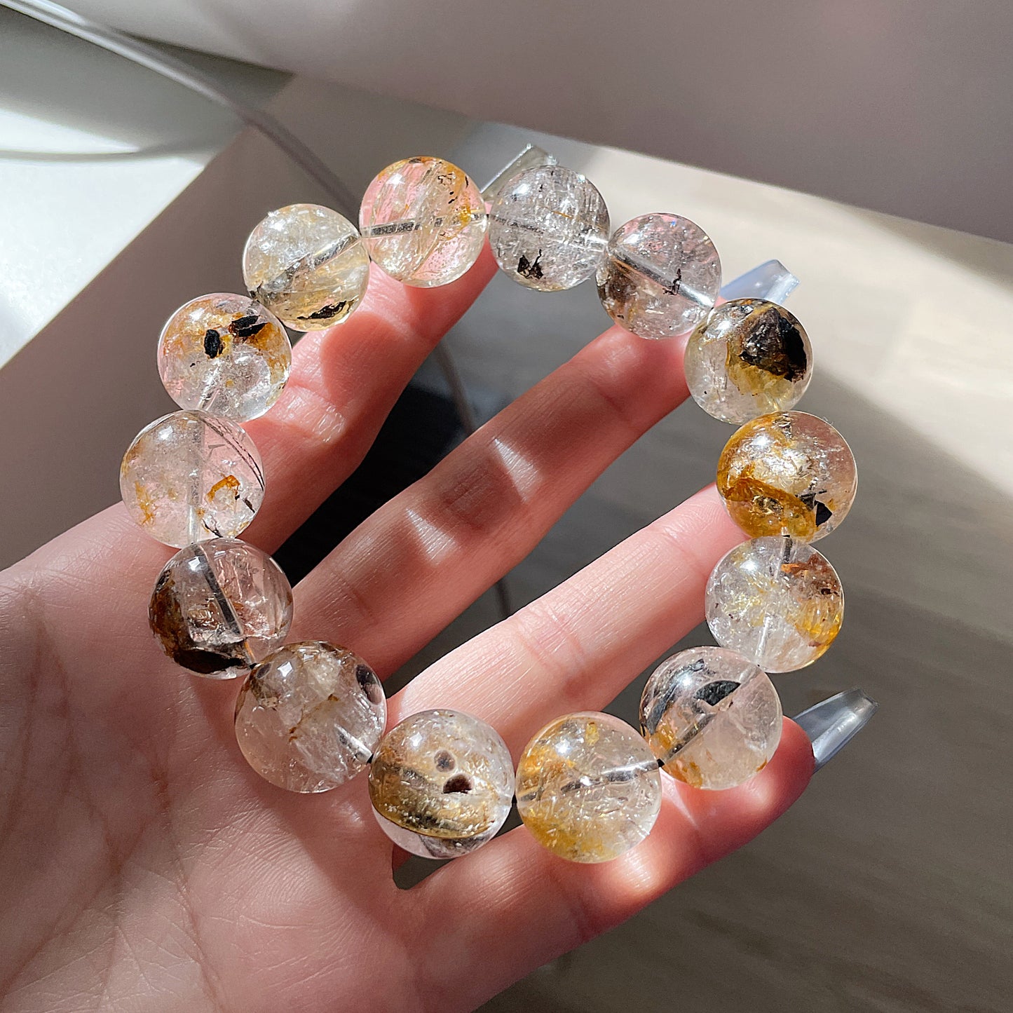 Black & Yellow Skeleton Herkimer Diamond Beaded Bracelet 黑金骸骨閃靈