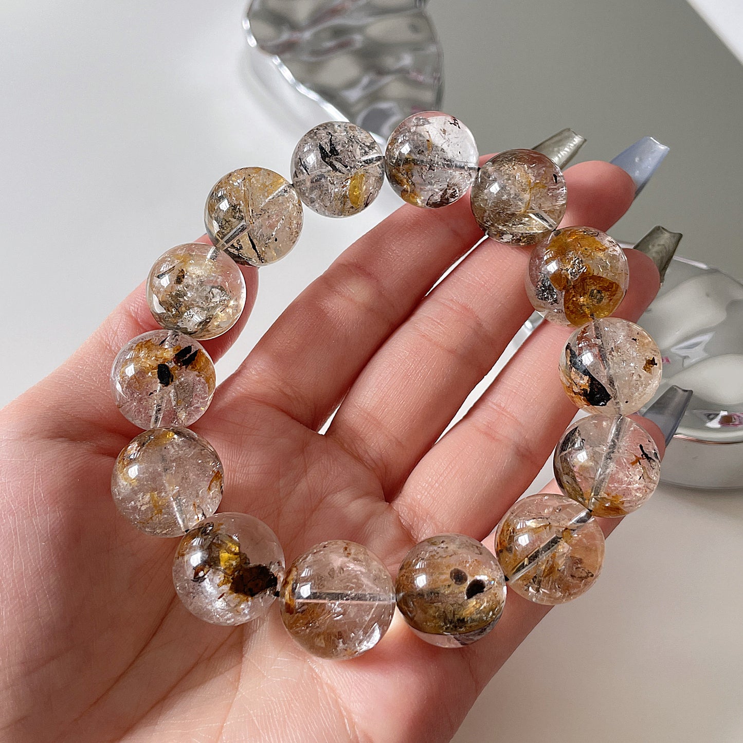 Black & Yellow Skeleton Herkimer Diamond Beaded Bracelet 黑金骸骨閃靈