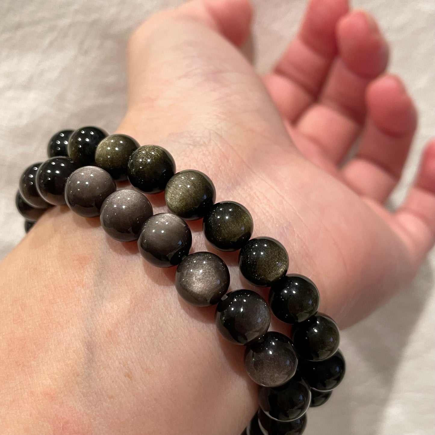Double Sided Flash Silver/ Golden Sheen Obsidian Bracelet