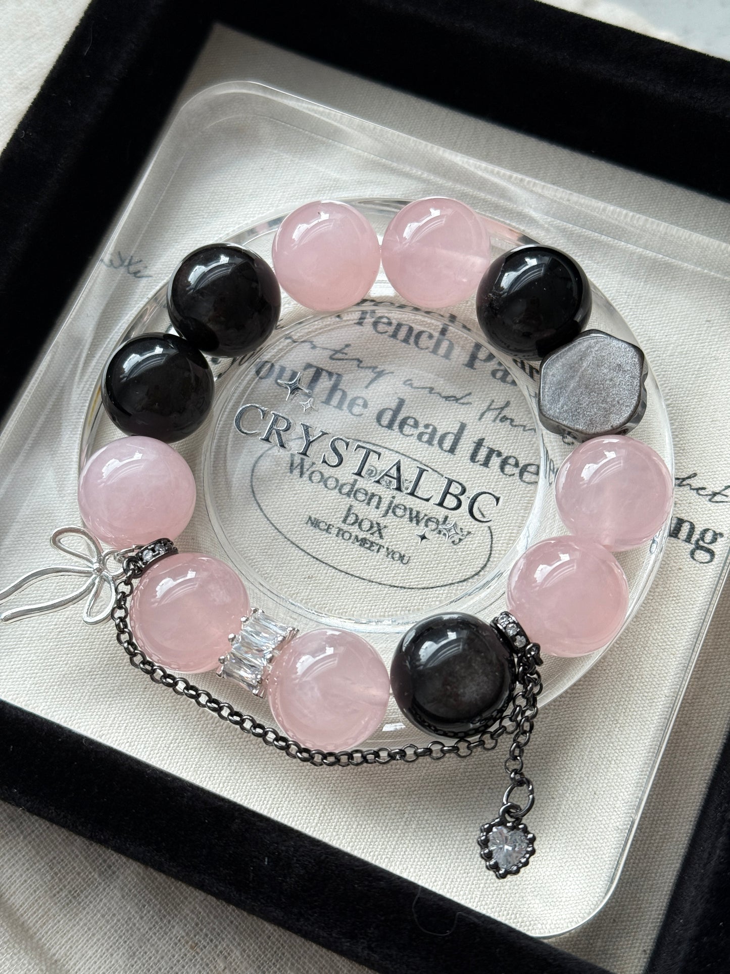 Pink Venom Obsidian Rose Quartz 16mm Beaded Bracelet