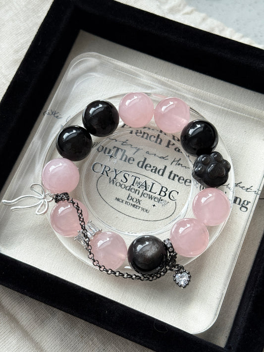Pink Venom Obsidian Rose Quartz 16mm Beaded Bracelet