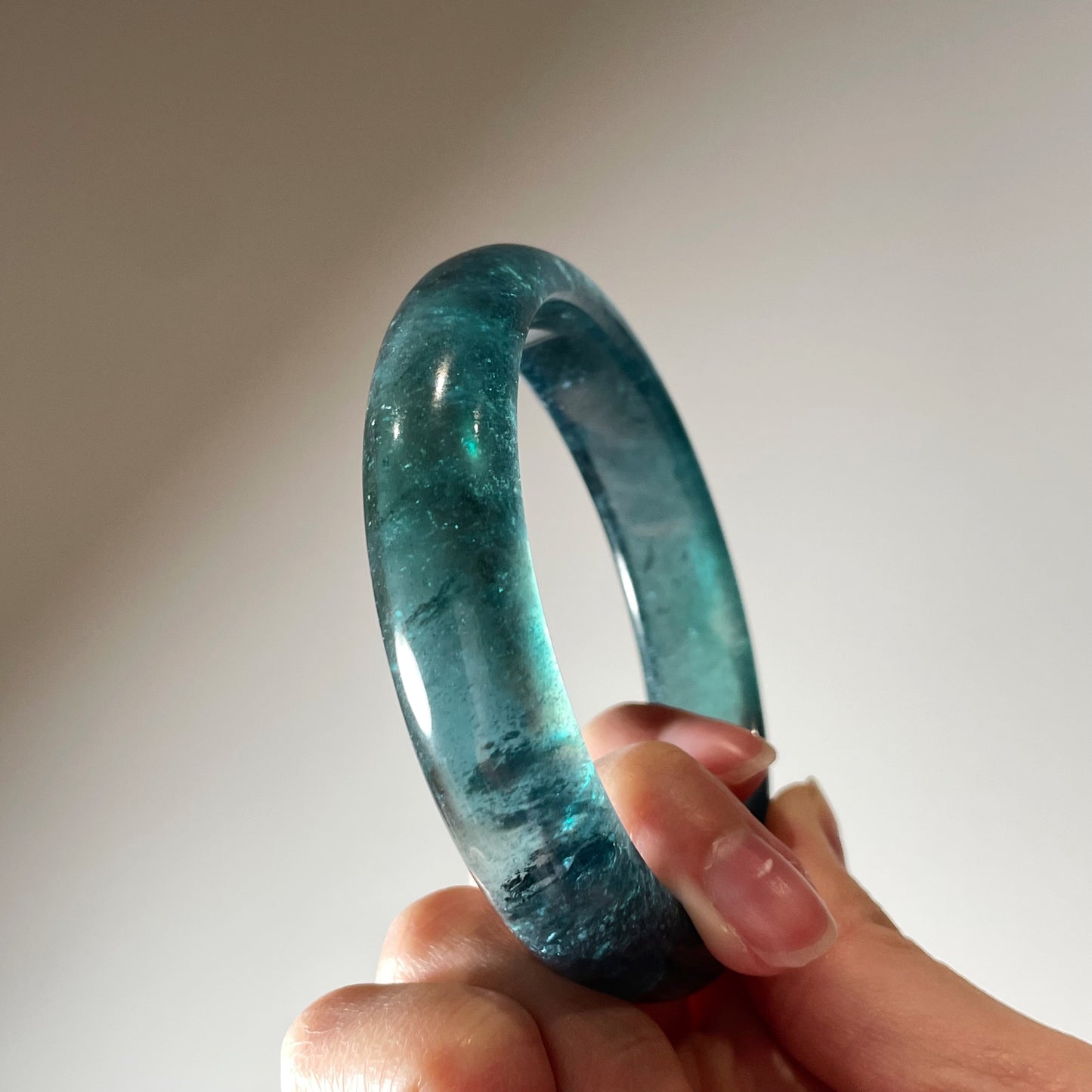 Rare Greenish Aquamarine Bangle with Rainbow Sparkling Starlights