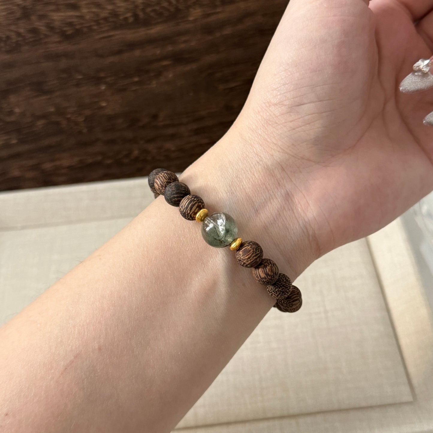 Vietnam Agarwood Wood with Green Phantom Beaded Bracelet