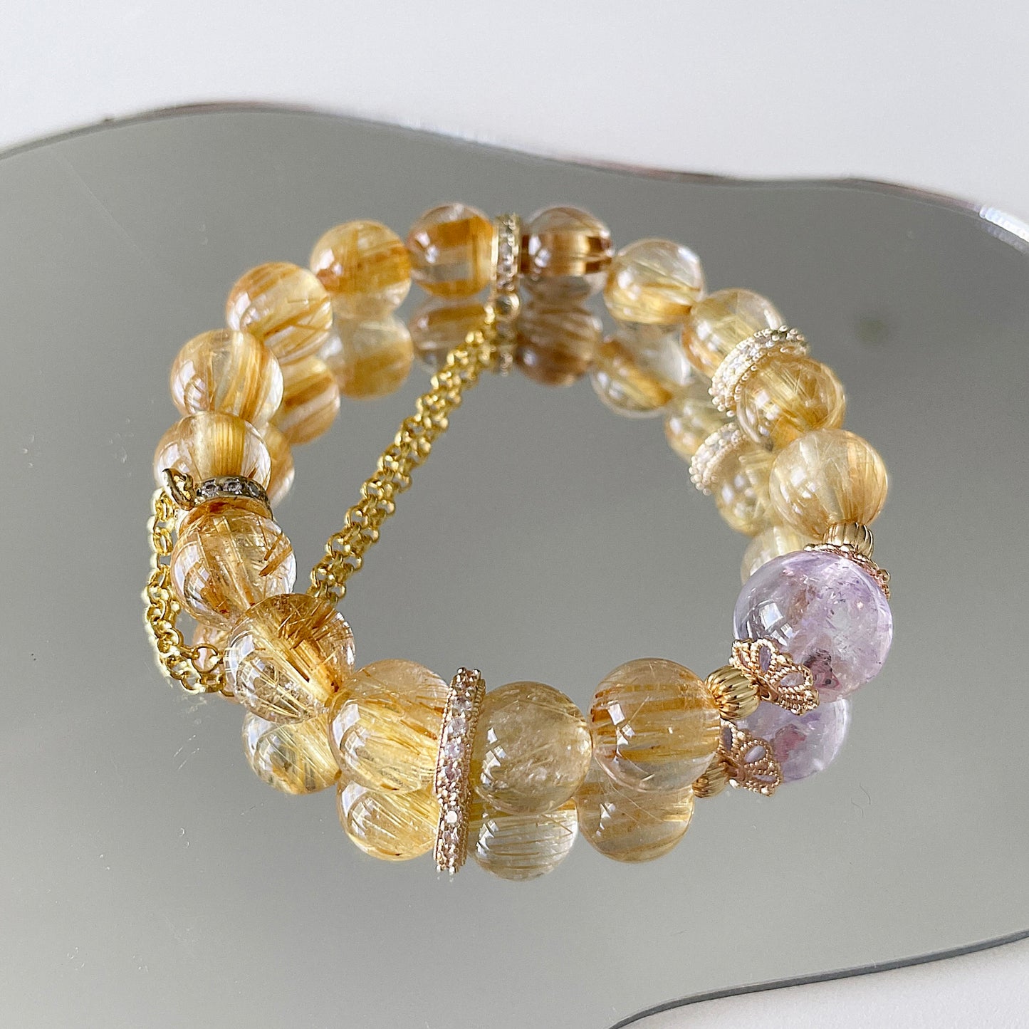 Golden Rutile Quartz | Amethyst Bead Bracelet