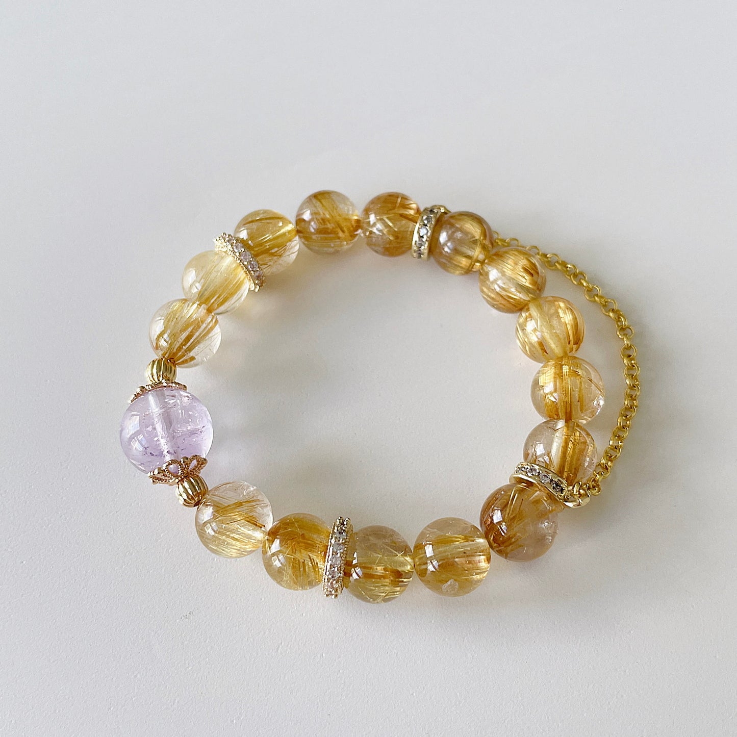 Golden Rutile Quartz | Amethyst Bead Bracelet