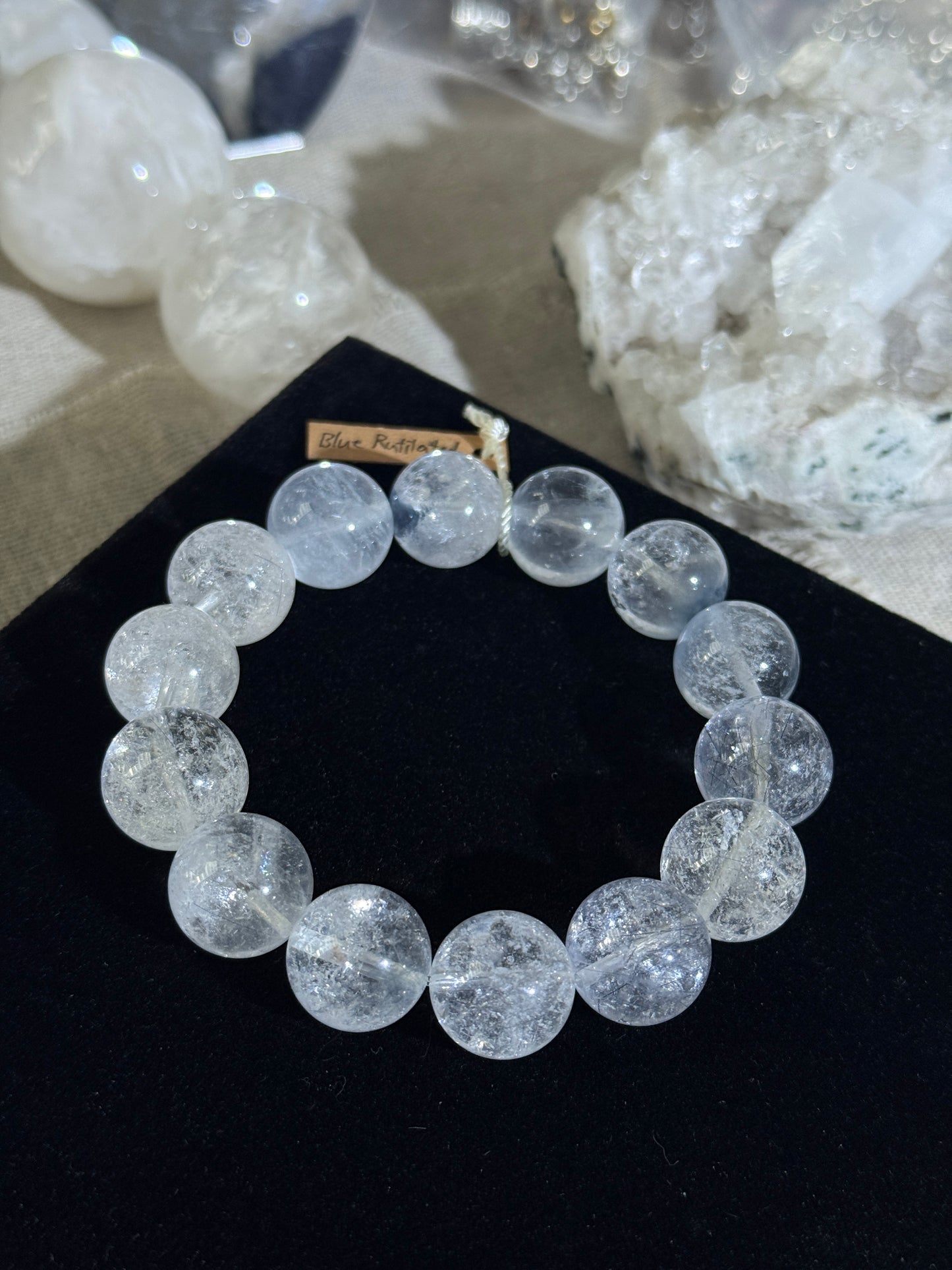Blue Rutilated Quartz Blue Rabbit Hair Amphibole 15.5mm Beaded Bracelet
