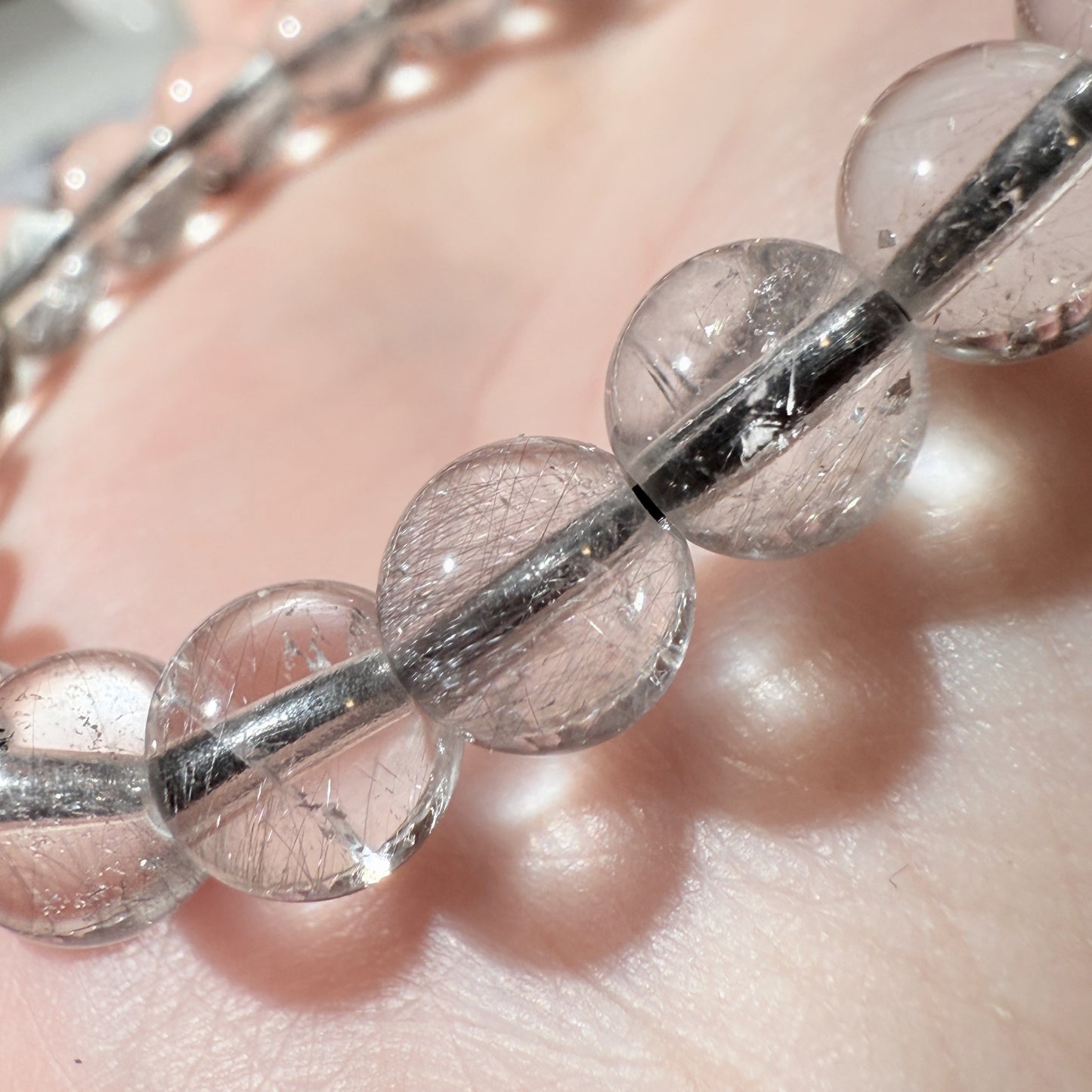 Brookite in Quartz Black Silver Rutile Brookite Inclusions Beaded Bracelet