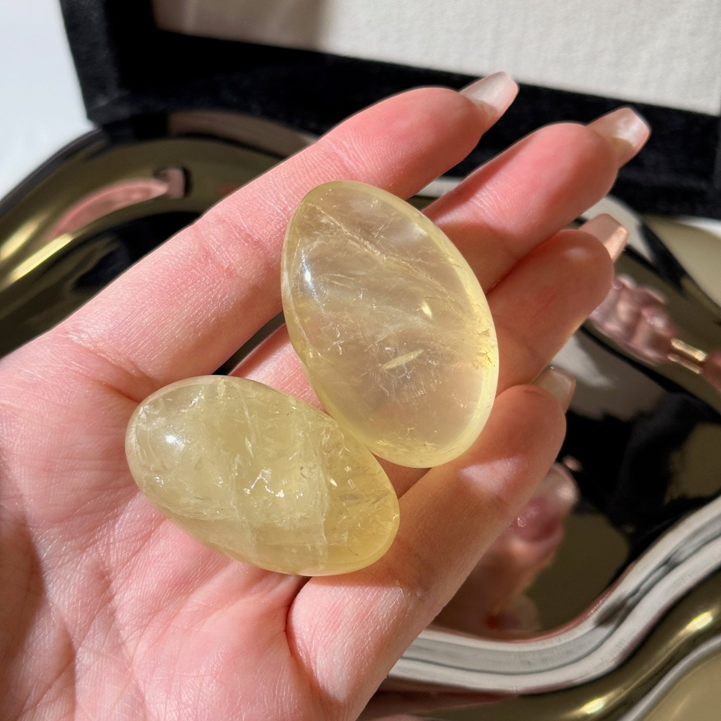 Oval Citrine Palm Stone Polished Crystal Translucent Yellow Glossy Polished Citrine with Rainbow Veins