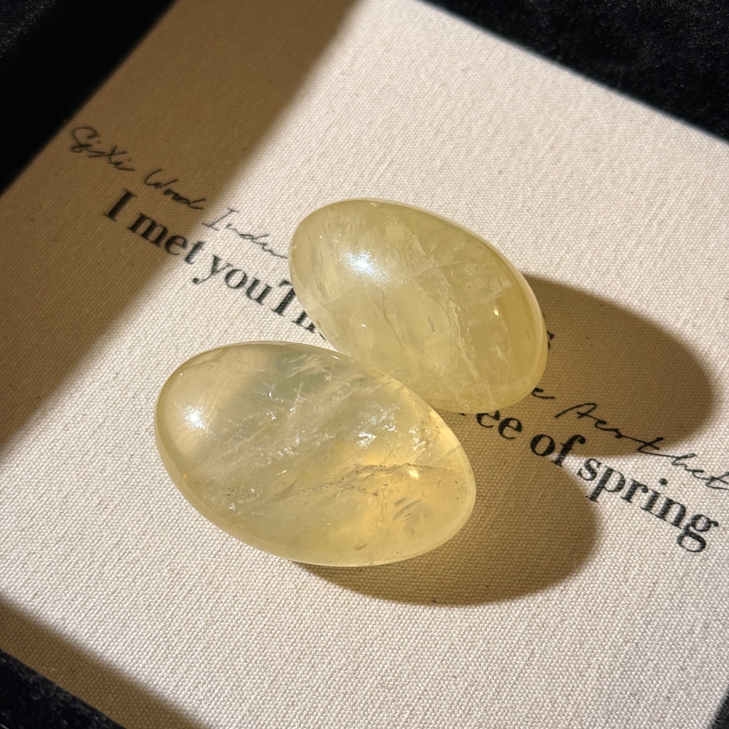 Oval Citrine Palm Stone Polished Crystal Translucent Yellow Glossy Polished Citrine with Rainbow Veins