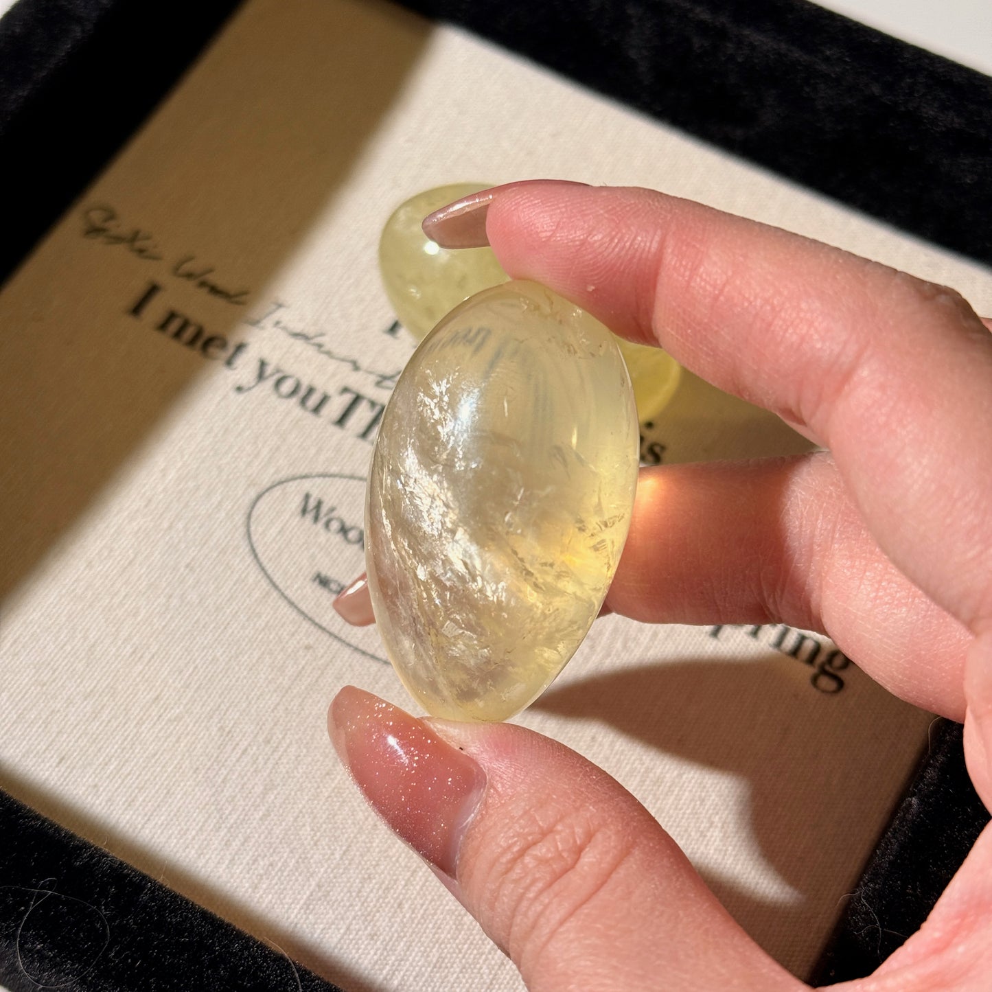 Oval Citrine Palm Stone Polished Crystal Translucent Yellow Glossy Polished Citrine with Rainbow Veins