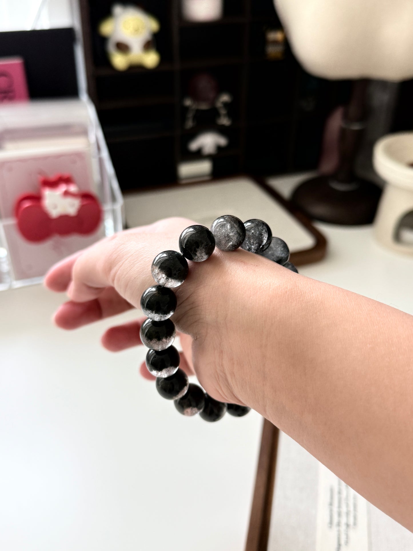 Black Phantom Quartz Beaded Bracelet 12.8mm 半盆金沙黑幽靈穿髮晶￼