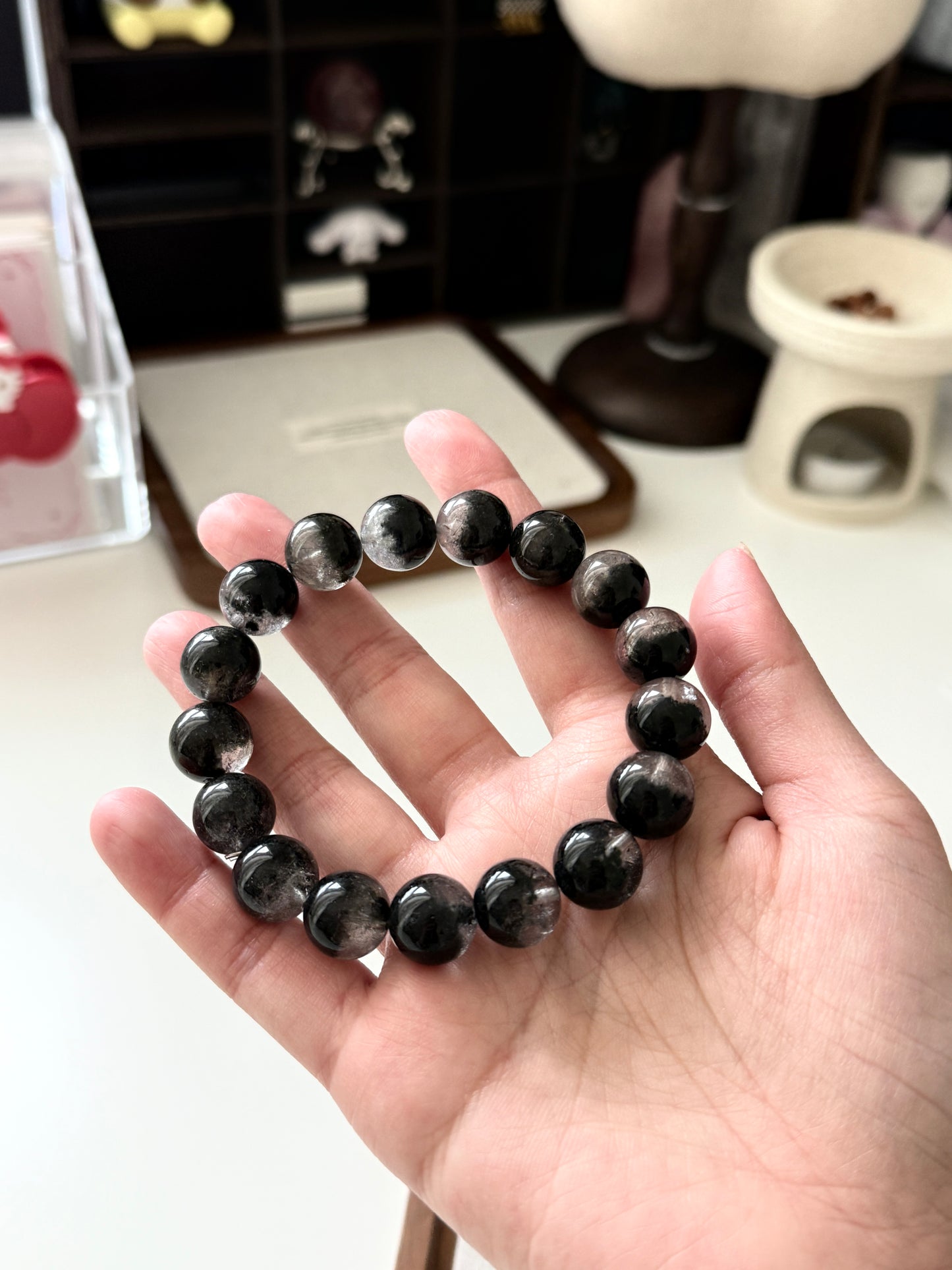 Black Phantom Quartz Beaded Bracelet 12.8mm 半盆金沙黑幽靈穿髮晶￼