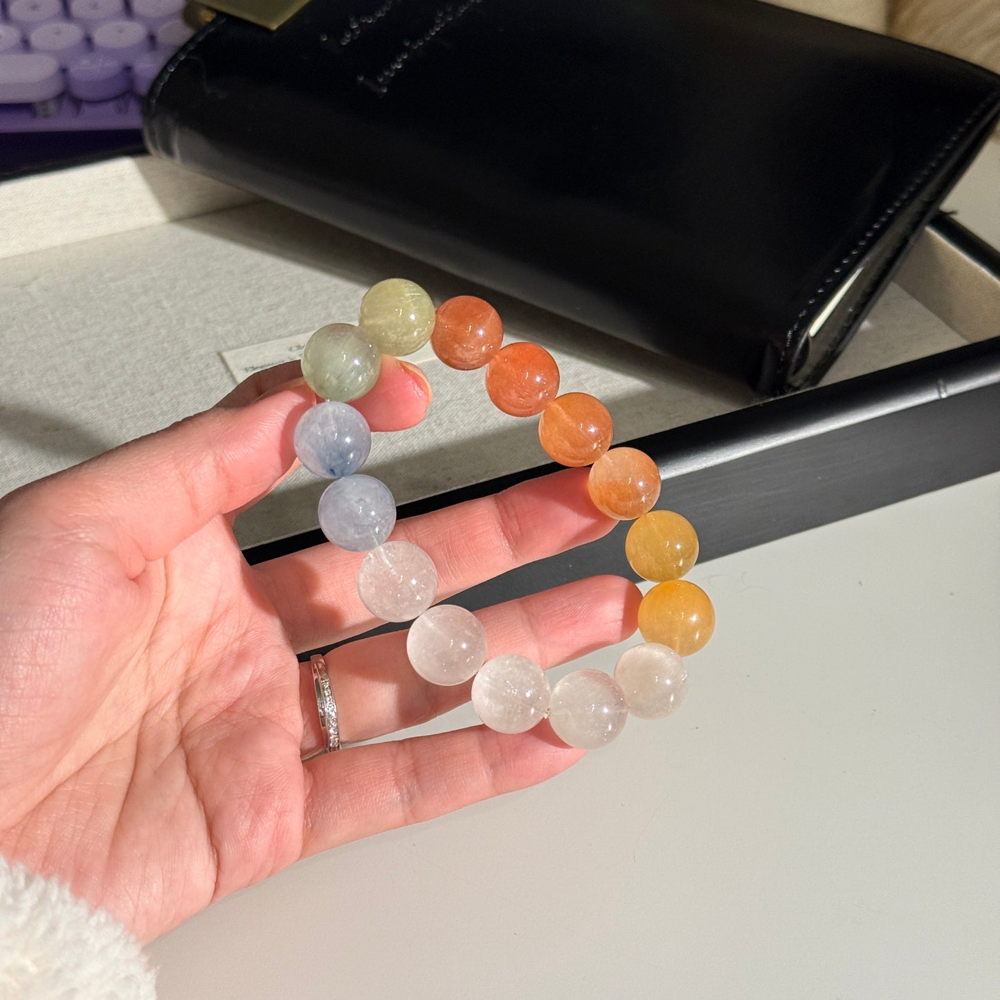 Rainbow Rabbit Hair Rutiled 13.6mm Beaded Bracelet HQ