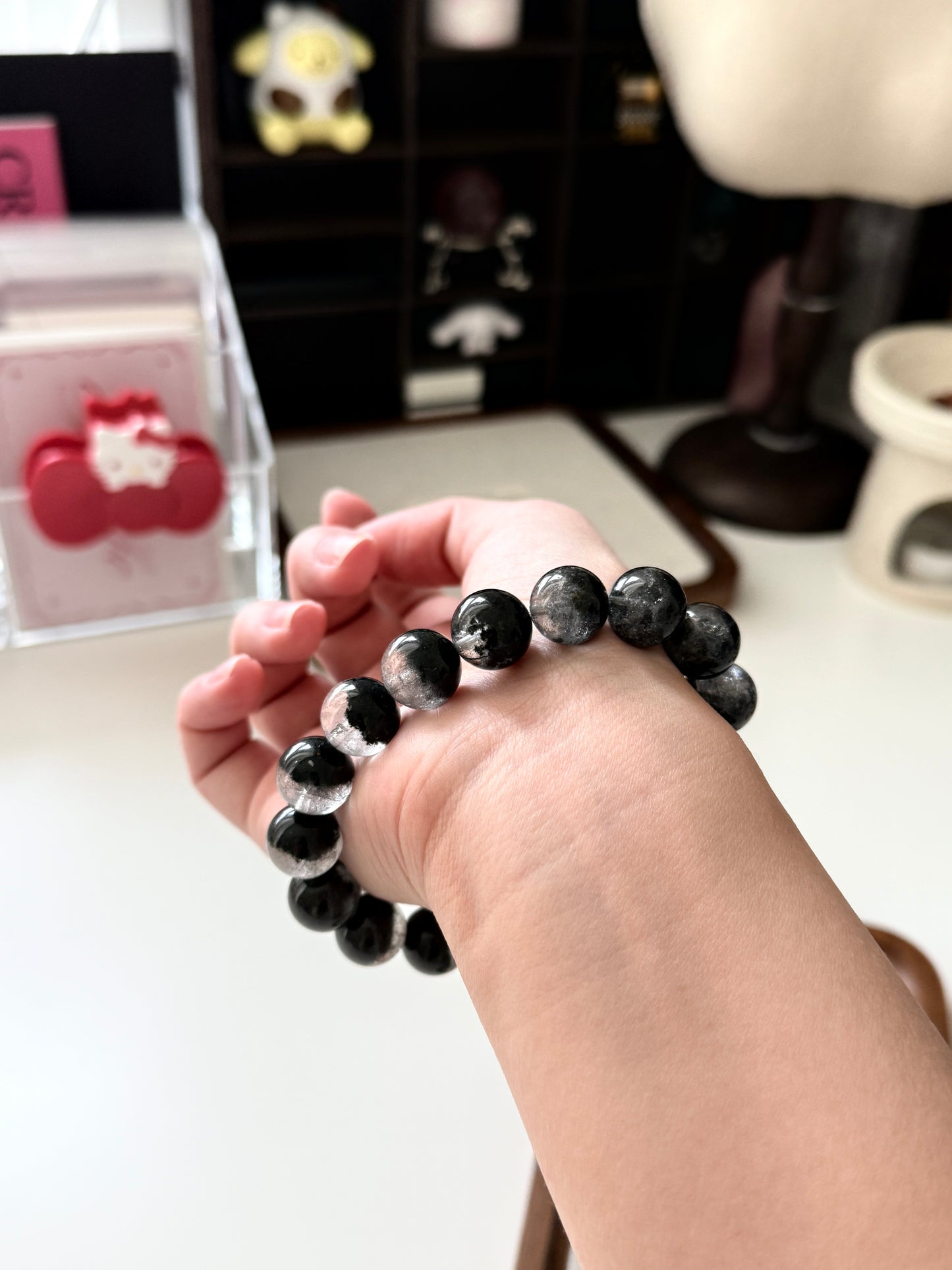 Black Phantom Quartz Beaded Bracelet 12.8mm 半盆金沙黑幽靈穿髮晶￼
