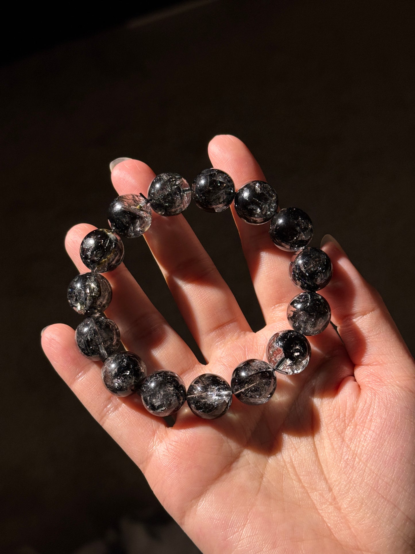 Black Herkimer Diamond Beaded Bracelet 14mm+