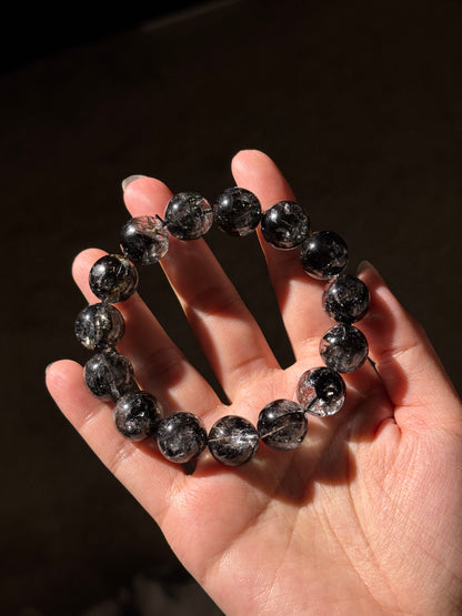 Black Herkimer Diamond Beaded Bracelet 14mm+