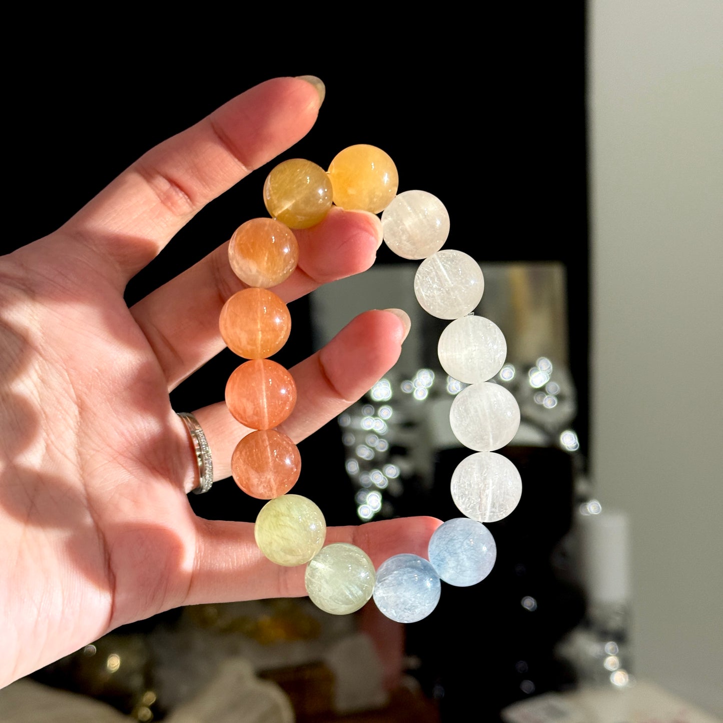 Rainbow Rabbit Hair Rutiled 13.6mm Beaded Bracelet HQ