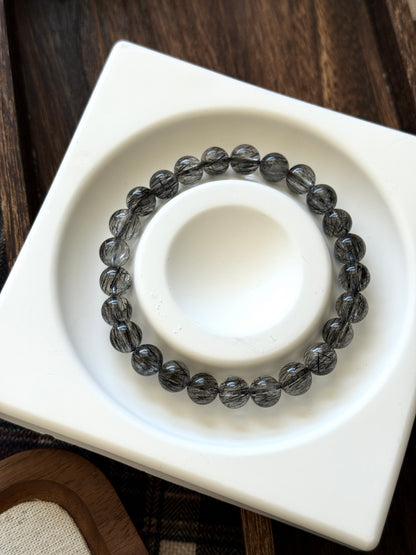 Black Rutile Hair Quartz 7.9mm Bead Bracelet