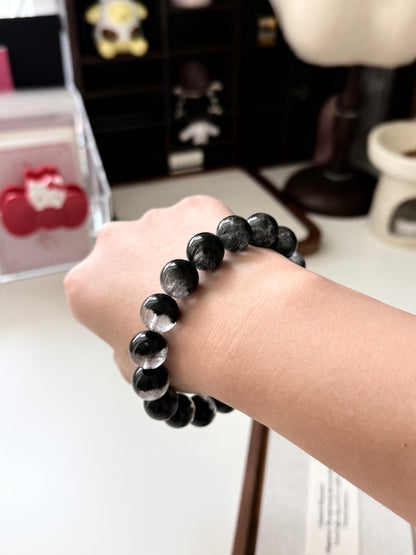 Black Phantom Quartz Beaded Bracelet 12.8mm 半盆金沙黑幽靈穿髮晶￼