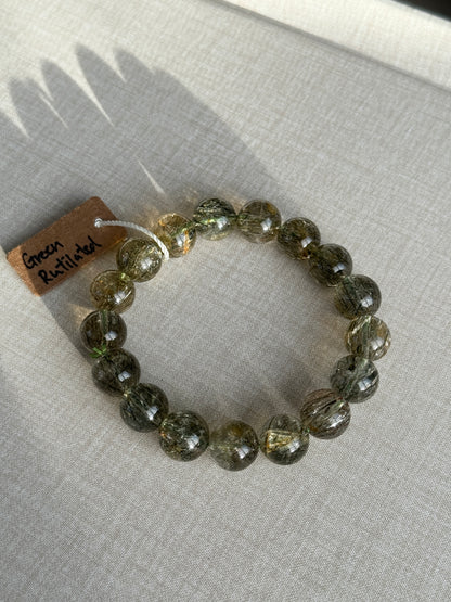 Tourmalinated Green Rutilated Quartz 11.9mm Beaded Bracelet